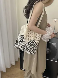 Sac Fourre-tout en Crochet Tournesol pour Femmes en Coton Tricoté à la Main Sac à Bandoulière Ajouré Vacances à la Plage Glands Sac de Shopping Bohème