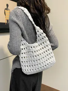 Borsa tote da donna in maglia traforata bianca, elegante borsa a spalla versatile per tutti i giorni.