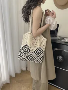 Sac cabas fourre-tout en tricot ajouré pour femme, sac d'épaule de plage élégant.