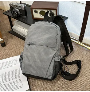 Mochila de pecho tactica de nailon a cuadros grises bolso de hombro de viaje casual