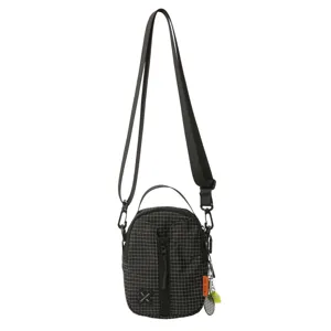 Black grid mini crossbody bag detail view, casual outdoor shoulder bag with tennis keychain.