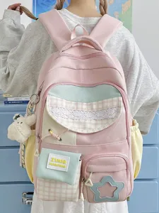 Japanese candy color large capacity color block student school backpack for teens and kids