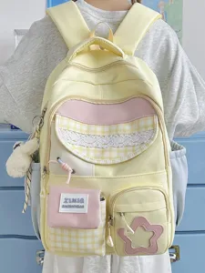 Candy color colorblock student backpack with multiple pockets, stylish and large capacity.