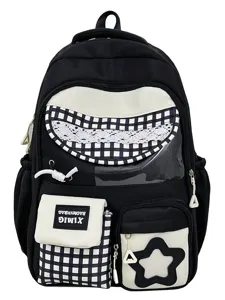 Japanese style color-blocking student backpack with large capacity for school and daily use.