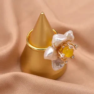 Squisito Anello Fiore Perla Barocca Anello Oro Regolabile Elegante Regalo Di Gioielli