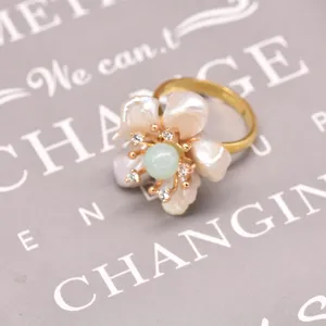 Anello fiore perla barocca con pietra verde argento 925 gioiello regolabile donna