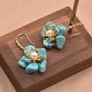 Handmade Flower Turquoise Freshwater Pearl Drop Earrings 18K Gold Plated Copper Rhinestone Retro Bohemian Earrings For Women Jewelry