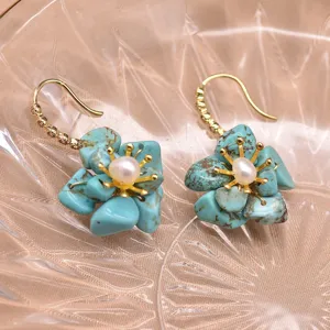 Turquoise and pearl flower hook earrings for women, elegant natural stone jewelry statement style.