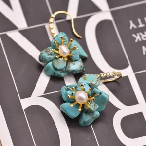 Turquoise pearl flower dangle earrings, vintage gold-plated statement jewelry for women.