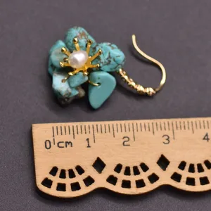 Turquoise stone pearl flower dangle earrings elegant gold tone natural gemstone jewelry for women