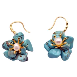 Turquoise stone and pearl flower dangle earrings for women fashion statement jewelry main.