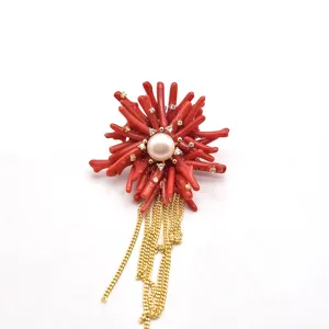Natural Pearl Sea Bamboo Coral Branch Brooch Elegant Fashion Gold Tassel Jewelry