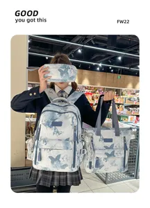 Blau Schmetterling Druck Schulrucksack 3-teiliges Set groesse Kapazitaet Schuelertasche Alltag