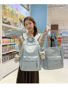 Light blue star pattern student backpack set detail showing large capacity and cute design.