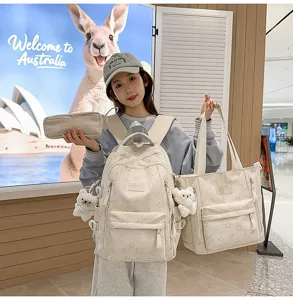Cute 3-piece school backpack set for women, large capacity star print book bag with pendant.