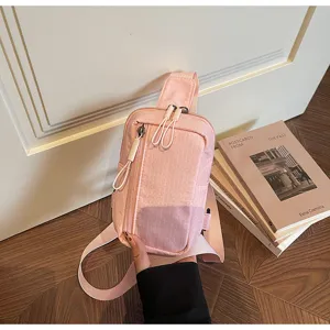 Pink plaid chest bag for women, casual travel sports crossbody sling bag, phone waist pouch.