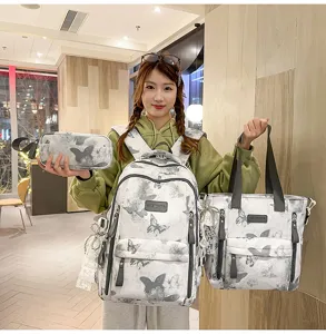 Grau Schmetterling Druck Leinwand Schulrucksack 3-teiliges Set grosse Kapazitaet Tasche