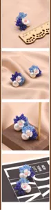 Blaue Perlen Perlen Blumen Ohrringe Detailaufnahme, Vintage 925er Silber Ohrstecker eleganter Stil.