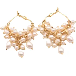 Elegante Vintage Naturperlen Creolen, schicker goldfarbener Quasten Ohrring Schmuck Damen