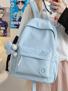 Light blue plaid school backpack for women large capacity casual student bookbag