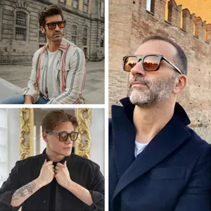 Detail shot of stylish square sunglasses with gradient lenses worn by male models outdoors.