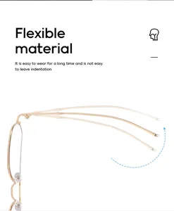 Gedetailleerd overzicht van flexibele metalen blauwlichtfilterbril met buigbare poten.