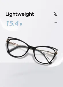 Lightweight black cat-eye glasses detail, TR90 frame with metal temples, comfortable wear.
