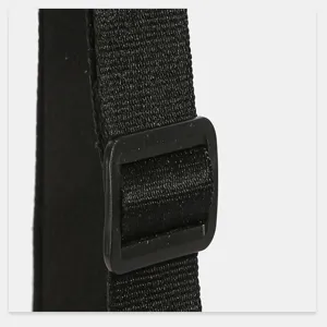 Nylon bag strap detail, black adjustable buckle close-up view showing durable webbing texture.