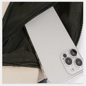 Nylon chest bag detail showing phone storage capacity, casual daily sling bag for women.