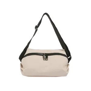 Beige nylon shoulder bag detail view, zipper pocket design, casual crossbody strap.