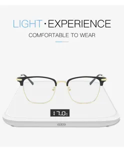 Minimalistische Halbrahmen Blaulichtfilter Brille im Schwarz-Gold-Design, 17g leicht.