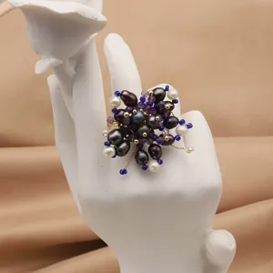 Retro Ethno Stil Blume Ring Für Damen Kupfer Vergoldet Verstellbar Künstliche Perle Strass Blumen Offener Ring Schmuck Geschenk