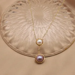 Collier pendentif double en perles naturelles plaqué or élégant pour femmes chic mode