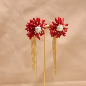 Vintage red coral pearl tassel drop earrings 18k gold plated elegant chic jewelry item