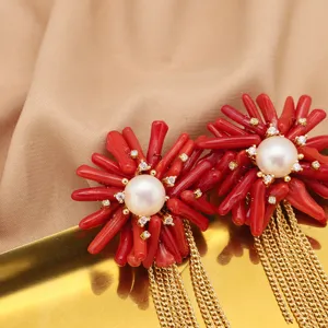 Vintage natural pearl sea bamboo tassel earrings, 18K gold plated copper with zircon.