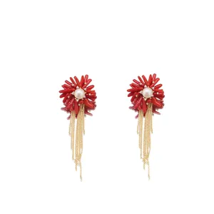 Vintage natural pearl coral tassel earrings 18k gold plated copper zircon floral ear jewelry