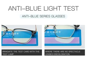 Anti-Blaulicht-Brille Detailansicht, Halbmetall-Brillengestell Test-Funktion Nahaufnahme.