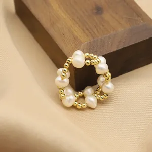 Anello Tessuto a Mano con Perle d'Acqua Dolce in Rame Placcato Oro Vintage Geometrico Perlinato per Donna Gioielli Regalo