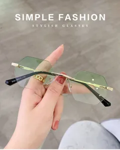 Vintage rimless gradient green sunglasses with luxury gold metal frame for chic fashion style.