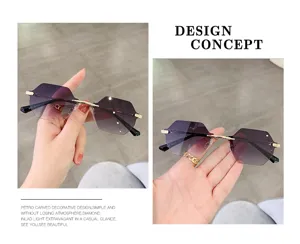 Detailed view of trendy rimless gradient sunglasses showing unique geometric shape and metal details.