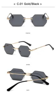 Rimless polygon sunglasses with metal temples and gradient gray lenses for women and men.