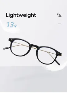 Primer plano detallado de elegantes gafas redondas con filtro de luz azul y montura ligera.