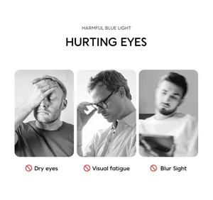 TR90 anti-blue light glasses detail infographic showing eye fatigue and blue light hazards.