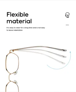 Detailansicht einer unregelmässigen Blaulichtfilterbrille mit flexiblen Brillenbügeln.