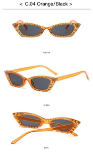 Ansicht der orangefarbenen Katzenaugen-Sonnenbrille mit funkelnden Strasssteinen am Rand.