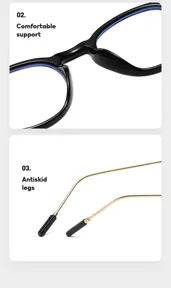 Detalles de gafas redondas de luz azul con soporte cómodo y patillas antideslizantes finas.