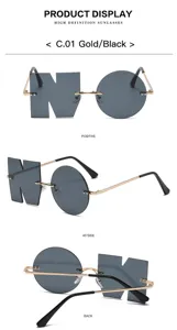 Detailansicht moderner asymmetrischer Sonnenbrille mit N-Form und runden Gläsern.