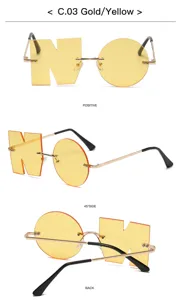 Goldgelbe NO geformte Neuheit Sonnenbrille Detailansicht, Metall rahmenlose Party Brille.