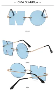 Nahaufnahme von einzigartigen asymmetrischen rahmenlosen Sonnenbrillen mit blauen Gläsern.