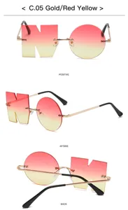 Einzigartige asymmetrische Party-Sonnenbrille mit N-Form und runden Farbverlaufsgläsern.